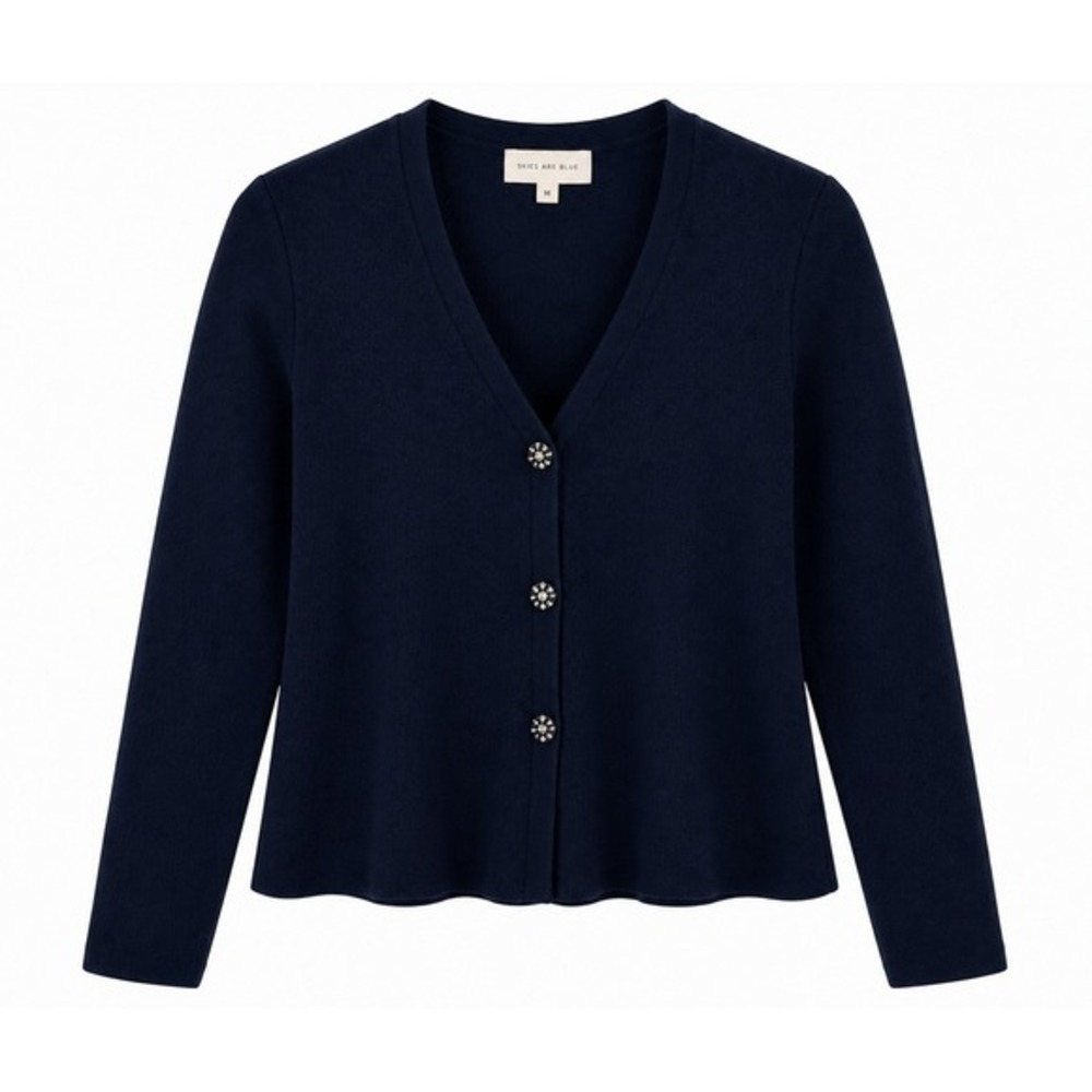 Skies Are Blue Navy Blue‎ Textured Knit V-Neck Cardigan Sweater Size M NWT